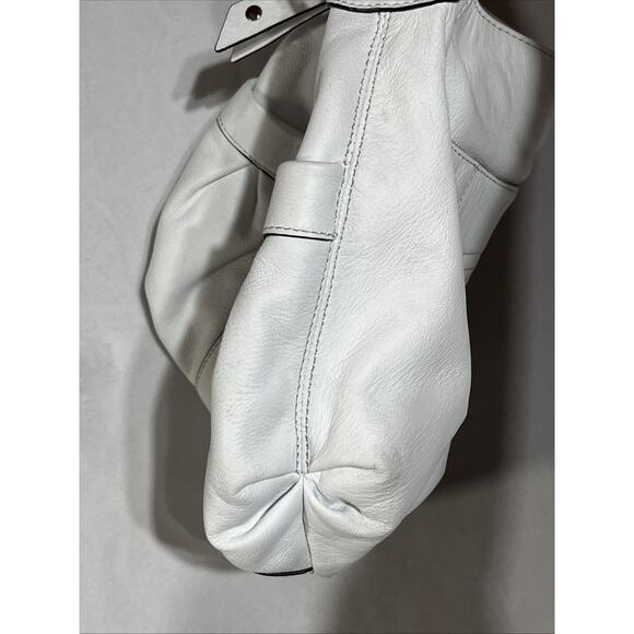 B Makowsky Leather Handbag Shoulder Bag White Hobo with Buckles Top Zip Pleats - Picture 3 of 14